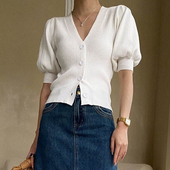 CHICWISH - Bubble Sleeve V-Neck Buttoned Knit Top in White - SIZE S-M - Picture 2 of 7